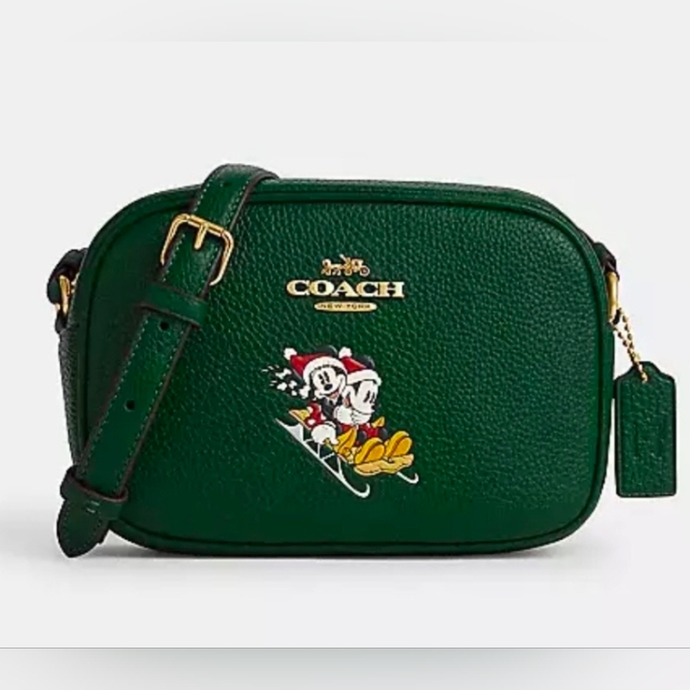 ⭐️COACH Mickey and Minnie on a sled, Green camera bag with ID holder